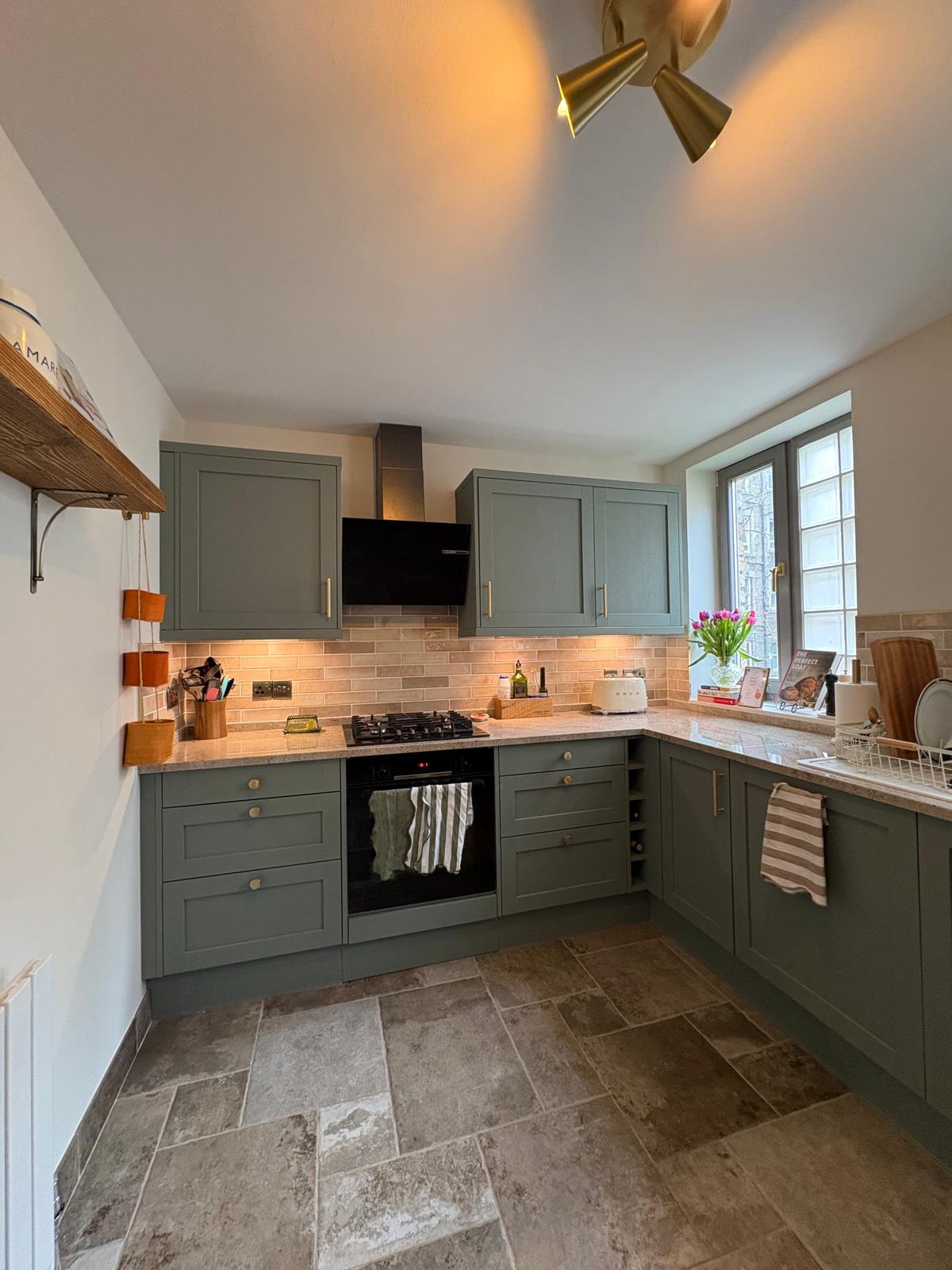 Sage green shaker kitchen renovation in Edinburgh by Scott Eco Builders